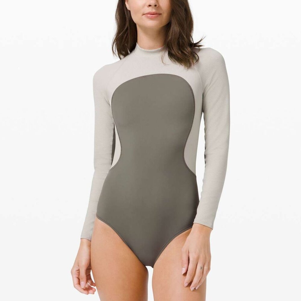 NWOT LULULEMON Wade the Waters Long Sleeve One-Piece Swimsuit - 10 - Green Grey